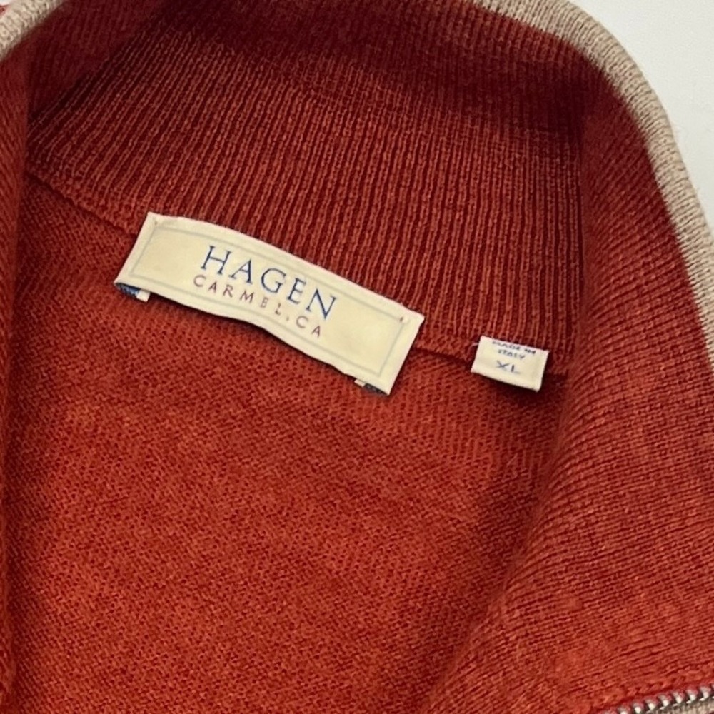 Hagen Carmel Sweater Mens XL Brown Rust Red 1/4 Quarter Zip Merino Wool Italy - Picture 12 of 13